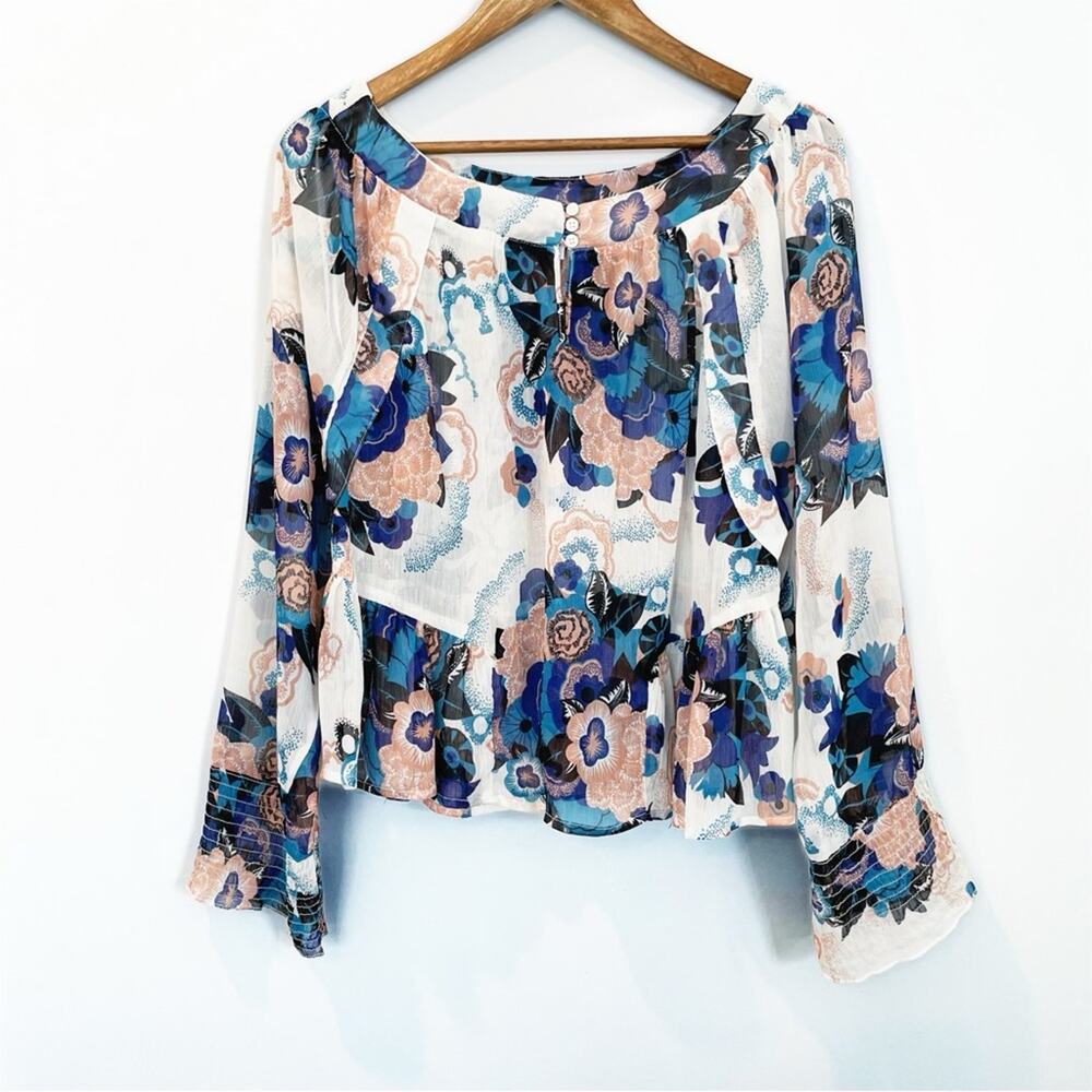 Tramp Floral Sheer Colorful Swing Blouse Size Large EUC